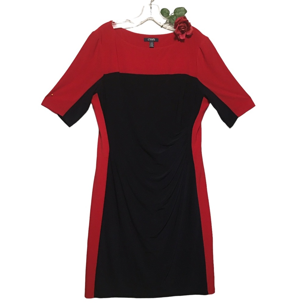 CHAP’S XL Navy Blue Cherry Red Sheath Dress ruched side lined Corpco…